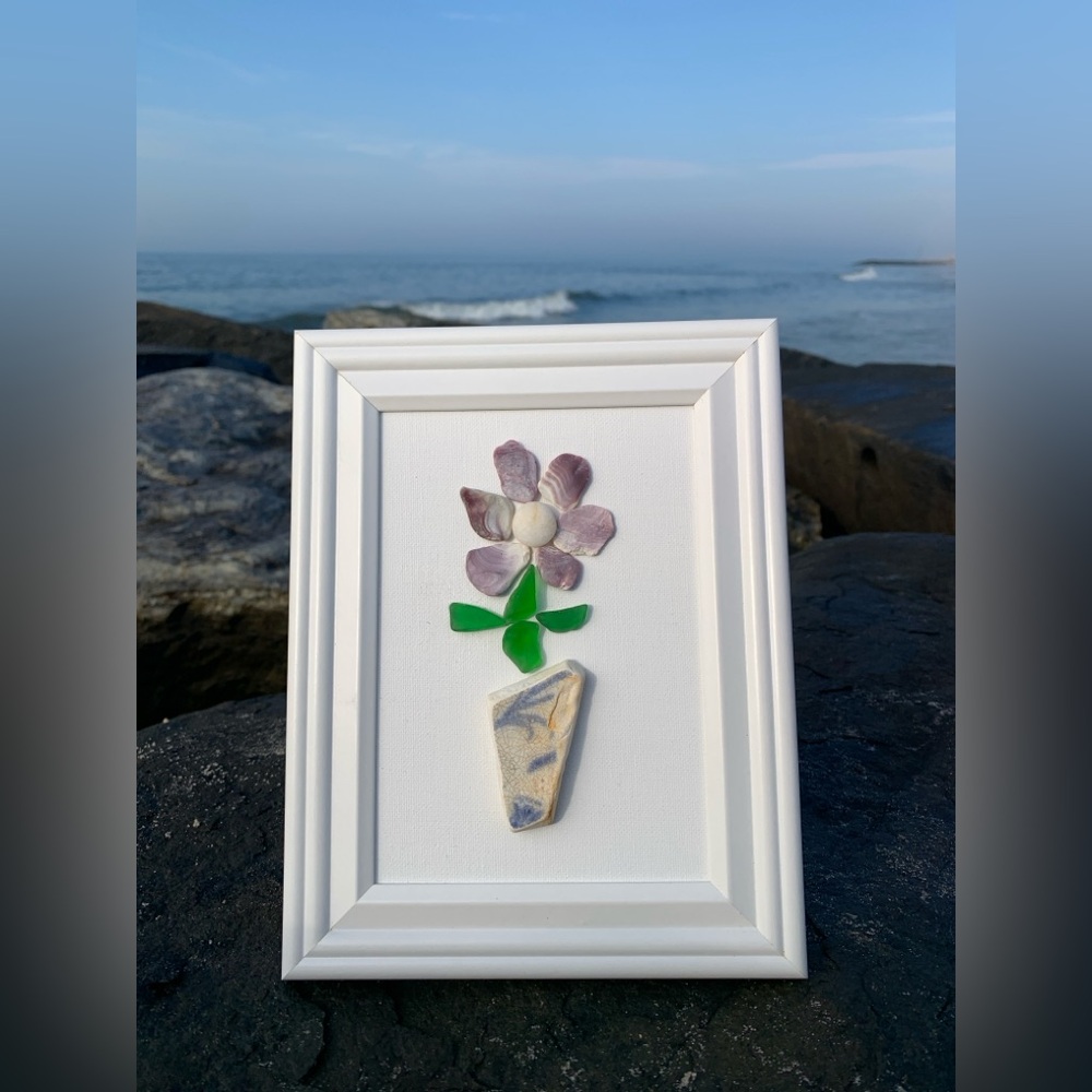 Framed Seaglass Art with Wampum Shells - Handmade Original